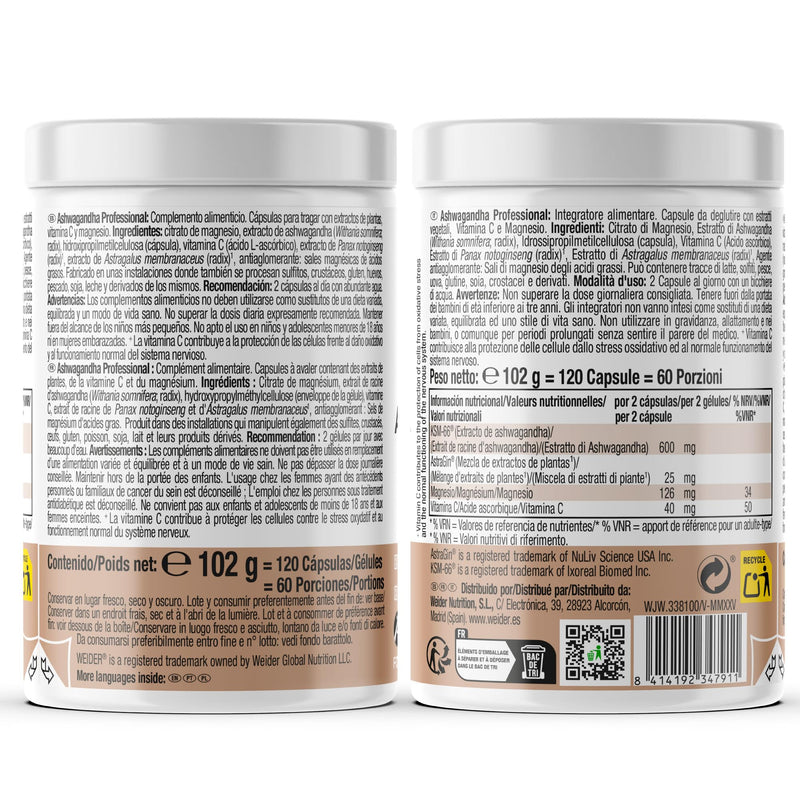 Weider Ashwagandha Professional (120 capsules). Ashwaghandha KSM-66 enriched with AstraGin to improve absorption, Magnesium, Vitamine C. For the normal functioning of the Nervous System. (60 servings)