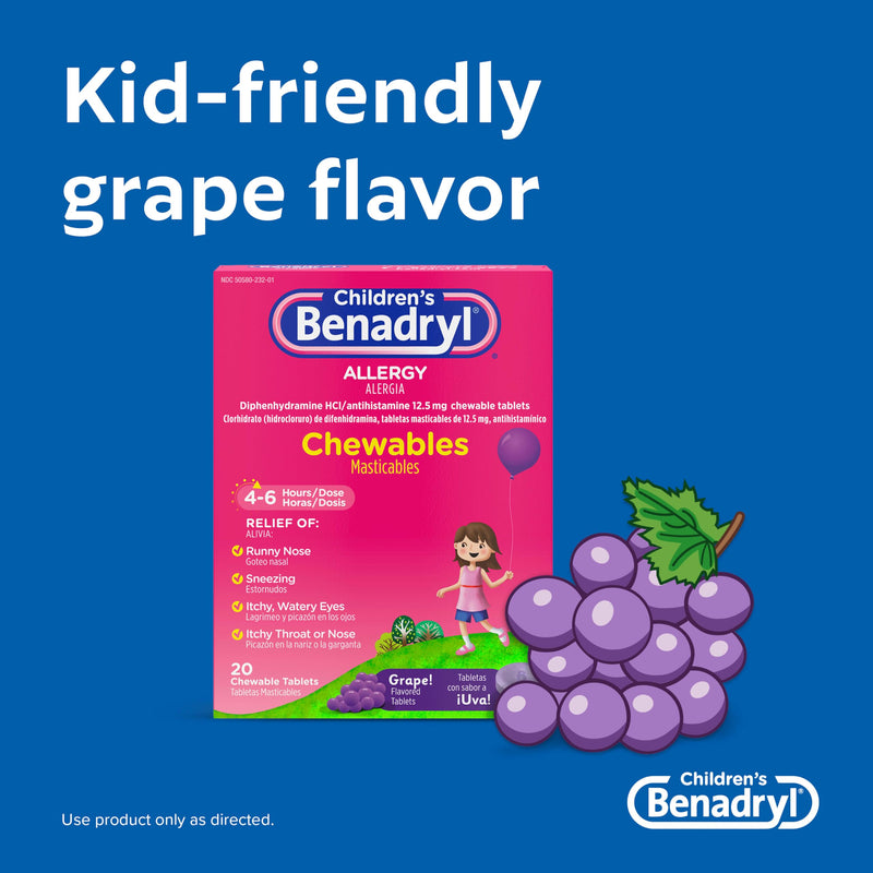 Benadryl Children's Allergy Chewables with Diphenhydramine HCl, Antihistamine Chewable Tablets for Relief of Allergy Symptoms Like Sneezing, Itchy Eyes, & More, Grape Flavor, 20 Count (Pack of 1)