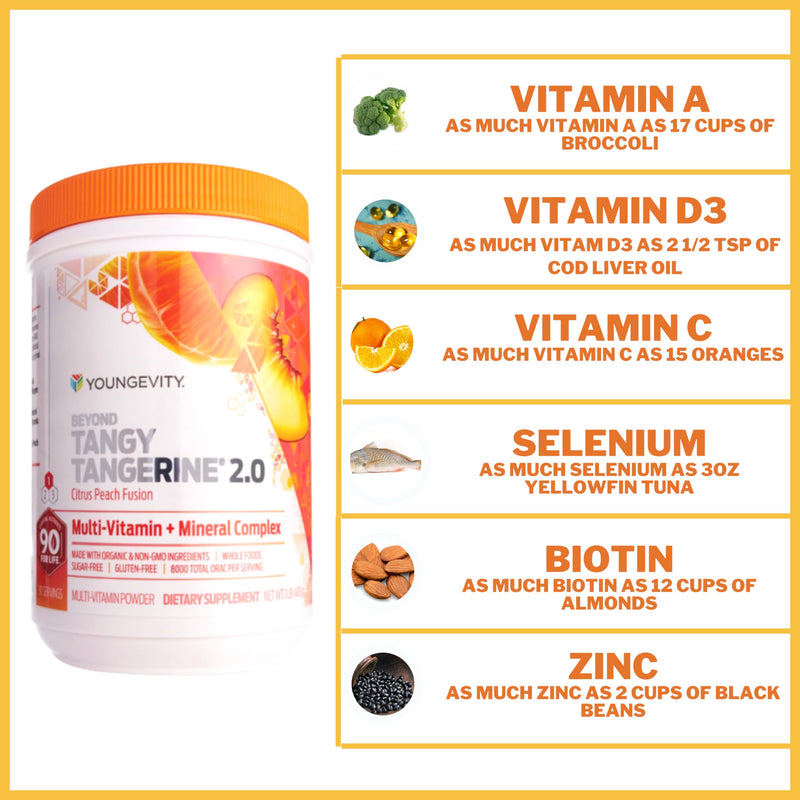 Youngevity Beyond Tangy Tangerine 2.0 Citrus Peach Multivitamin Powder | Citrus peach multivitamin powder, natural whole foods, 8,000 ORAC, blended vitamins and minerals, daily nutrition support 16 Ounce (Pack of 1)