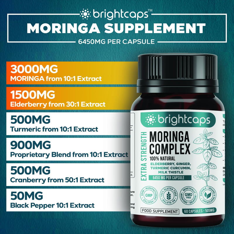 Moringa Complex - 3000mg Moringa Powder with Turmeric, Elderberry, Cranberry | Proprietary Blend with Vitamins, Antioxidants & Amino Acid - Immune Health Support | Non-GMO, Gluten Free, 60 Vegan Caps
