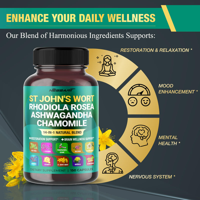 [Australia] - ST JOHN'S WORT 15,000mg 14-in-1 Natural Blend with Rhodiola Ashwagandha Chamomile Holy Basil L-Theanine Valerian Passionflower - 150 count - Made & Tested in The USA 150 count (pack of 1) 