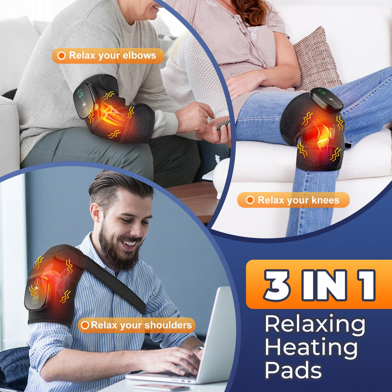 Cordless Electric Heated Knee Massager, 3-in-1 Heated Knee Massager with Heat for Knee Elbow Shoulder Wrap with 3 Vibration & Heating Modes | 3-in-1 Wearable Wrap for Knee, Elbow and Shoulder, 5000mAh Rechargeable Heat and Vibration Massager, Black, 1 ...
