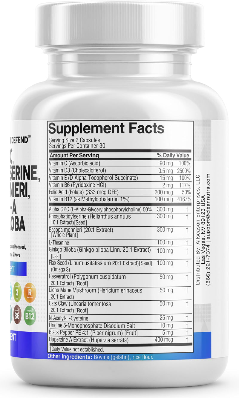 [Australia] - Clean Nutraceuticals Alpha GPC Choline 300mg Phosphatidylserine 3000mg Bacopa Monnieri 6000mg Ginkgo Biloba 2000mg Huperzine A 400mcg Supplement with Urdine Lions Mane Cats Claw NAC Vitamin C B D E 