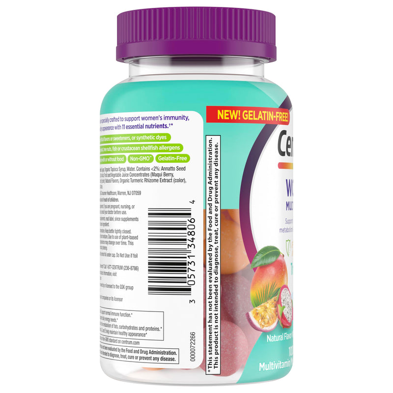 Centrum MultiGummies for Women 18 and Over, 100 Count | Contains Vitamin D3, B Vitamins and Antioxidant Vitamins C and E, Gluten Free, Non-GMO Ingredients, GLP-1 Support Fruit 100 Count (Pack of 1)