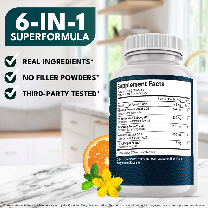 NEW AGE St Johns Wort, Rhodiola Rosea, Holy Basil, Ashwagandha - Support for Women and Men with Vitamin C & Black Pepper Extract - 60 Count 60 Count (Pack of 1)