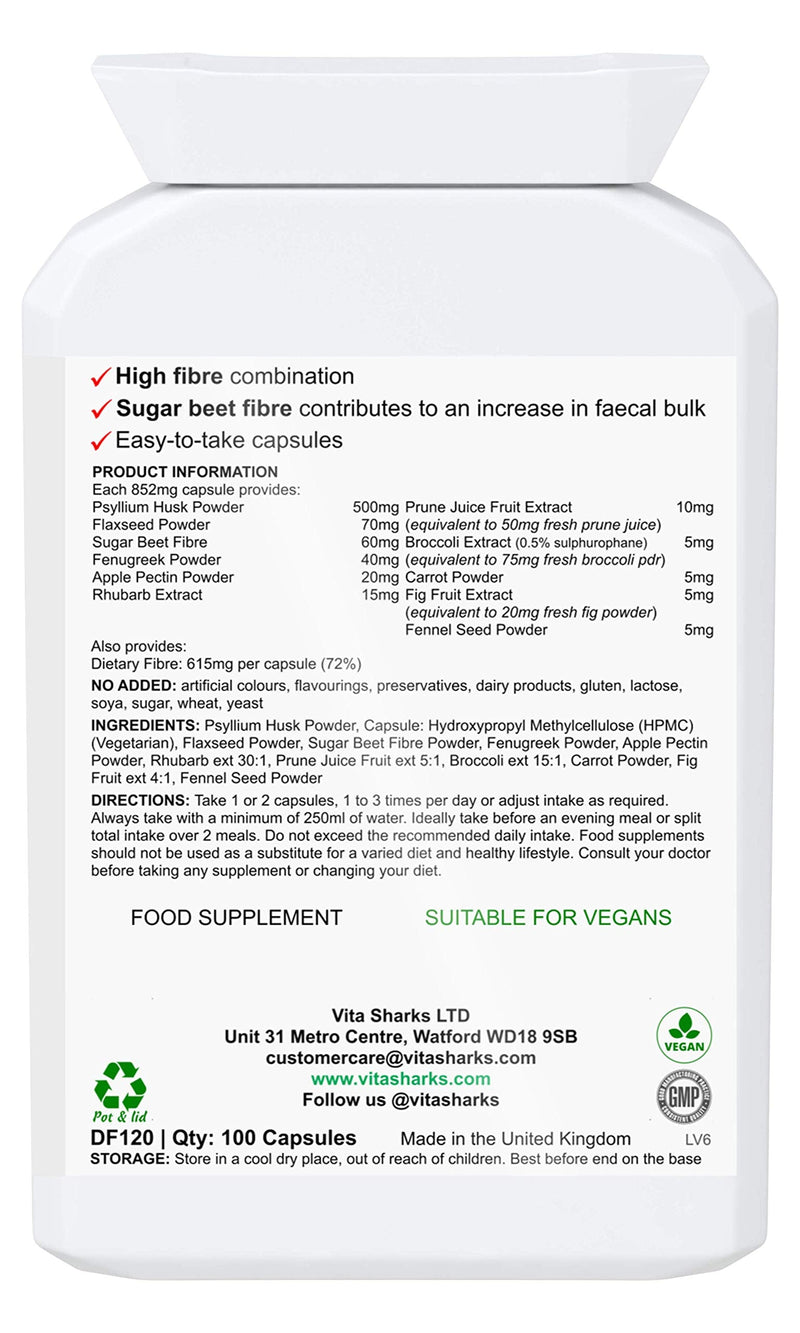 VitaDigest Fibre - Vegan Dietary High Fibre Capsules for Healthy Clear Bowels & Increased Faecal Bulk with Psyllium Husk Fiber, Flaxseed & Beetroot - Kosher Fibre & Bulk