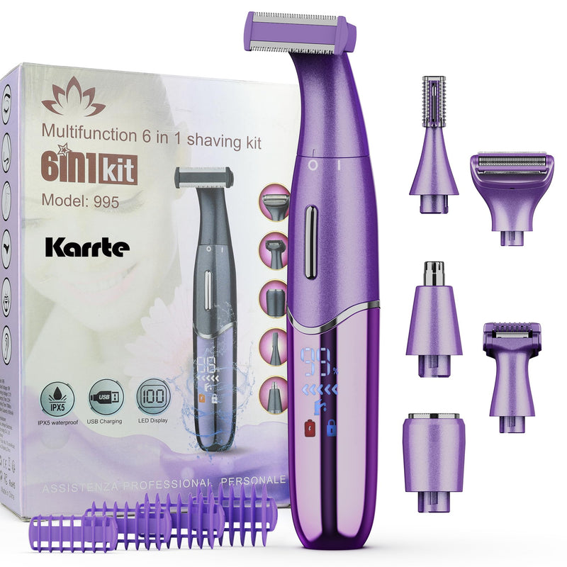 Karrte 6-in-1 Electric Razor for Women's Pubic Hair, Painless Body Shaver and Facial Epilator, Hair Removal for Face, Bikini Trimmer for Women's Private Area Purple