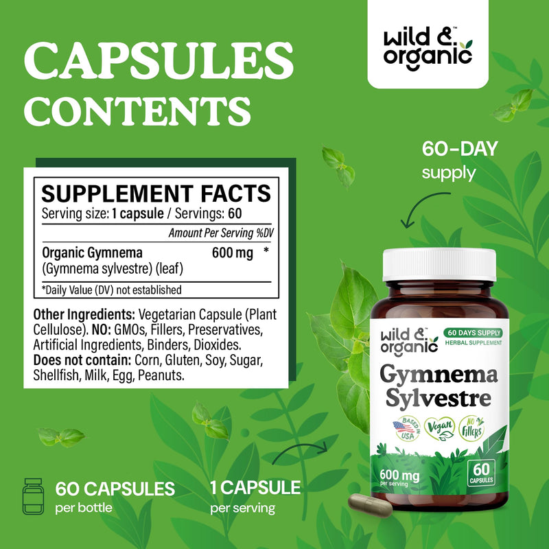 [Australia] - Wild & Organic Gymnema Sylvestre Capsules 600 mg - Overall Support - Gymnema Sylvestre Supplements - Gurmar Leaf Powder - 60 Days of Supply - Vegan, No Fillers, Non-GMO - 60 Count 