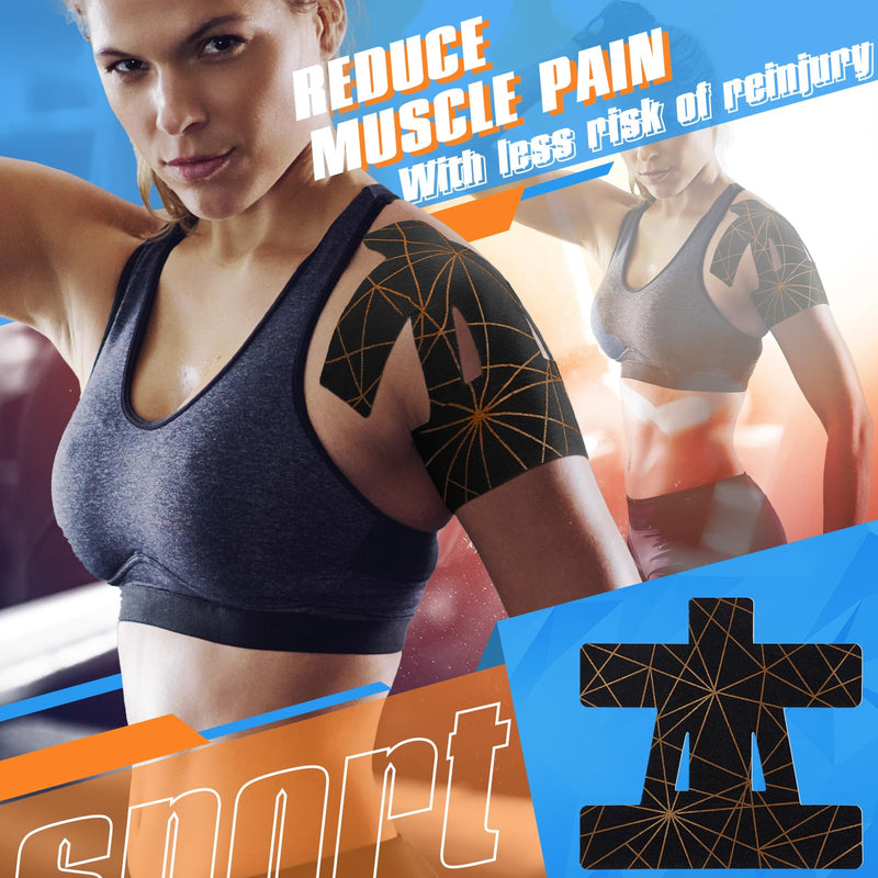 Geiserailie 20 Pcs Precut Kinesiology Tape for Shoulder, Pain Relief Pre Cut Sports Waterproof Breathable Enhance Elastic Copper Infused Kinesiology Athletic Tape for Body Support and Muscle Black