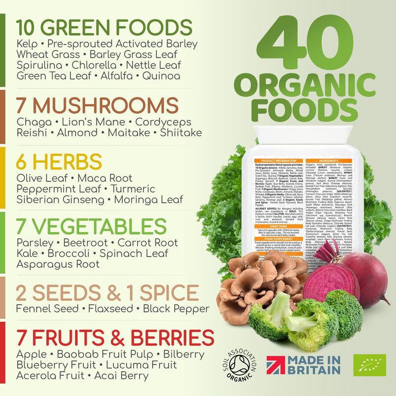 EasyGreens - Organic Greens Superfood Capsules – 100 Vegan Capsules - Soil Association Certified Natural Vitamin and Mineral - 40 Raw Greens, Fruits, Vegetables, Mushrooms, Sprouts, Seeds and Herbs