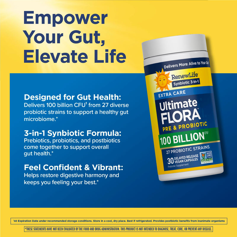 Renew Life Ultimate Flora Probiotic with Prebiotics 100 Billion CFU | 30 Delayed Release Vegan Capsules | Supports Digestive Health | Dairy, Soy and Gluten-Free Supplement 30 Count (Pack of 1)