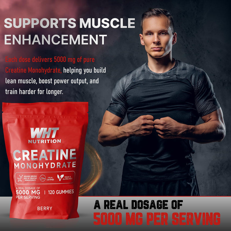 Creatine Gummies – 5000mg Real Creatine Monohydrate per Serving – Halal Certified, Vegan & Gluten Free – 120 Gummies (Berry/Pineapple) (Berry) Berry