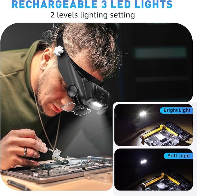 Beileshi Head Mounted Magnifier,1x-6x,8X Head Magnifying Glass with LED Light with Cold and Warm Light Source, Professional Jeweler's Loupe Light