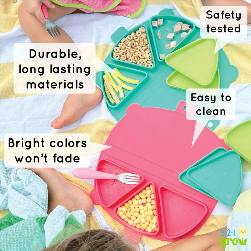[Australia] - Silicone On-The-Go Snack Mat ‚Äì Foldable Reusable Placemat with 3 Compartments and Lids ‚Äì Travel-Friendly Baby and Toddler Snack Plate ‚Äì Dishwasher Safe (Aqua) Aqua 