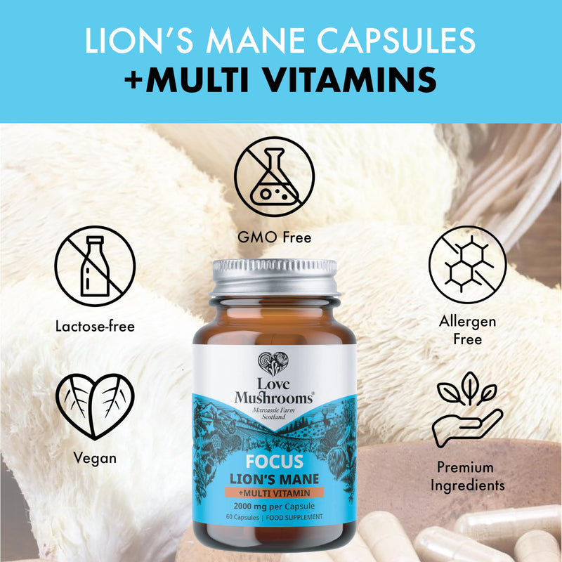 Lion’s Mane Plus Multivitamin 2,000mg Capsules | Mushroom & Vitamin Complex with B12, D3, Zinc & Magnesium for Cognitive, Immune & Energy Support | Vegan, UK Made | 60 Capsules