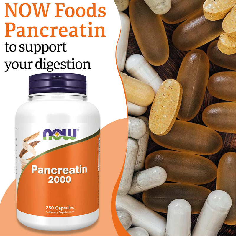 Now Foods, Pancreatin 2000, 200mg, 250 Capsules, Enzyme Blend, Gluten Free, SOYA Free, Non-GMO