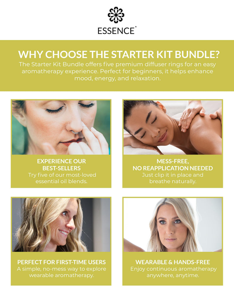 [Australia] - Essence Nasal Diffuser Starter Kit ‚Äì Essential Oil Silicone Nose Ring Inhalers for Beginners ‚Äì Wearable Aromatherapy Bundle for Relaxation, Energy & Breathing Support Starter Kit (Lemon, Peppermint, Eucalyptus, Lavender, Orange) 