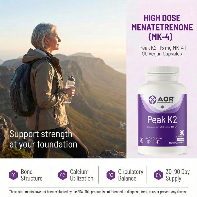 AOR Peak K2 Vitamin K2 MK-4, 15 mg per Capsule, 90 Vegan Capsules | MK-4 Form, 15 mg per Capsule, 1-3 Month Supply, Vegan Capsules