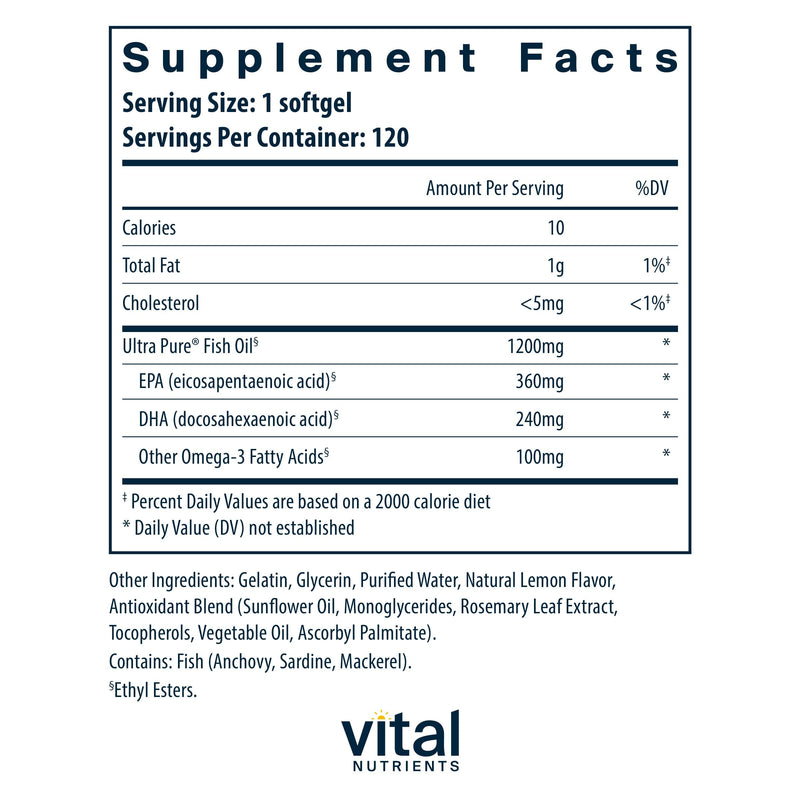 [Australia] - Vital Nutrients Ultra Pure® Fish Oil 700 | Supports Heart, Brain, and Joint Health* | Sustainably Sourced High EPA & DHA Omega-3 Fatty Acid | Lemon Flavor | Gluten, Dairy & Soy Free | 120 Softgels 120 Count (Pack of 1) 