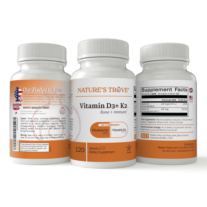 Nature's Trove Vitamin D3 5000 IU Plus K2 100mcg for Bone Health & Immune Support - 120 Tablets - 2-in-1 Formula 120 Count (Pack of 1)