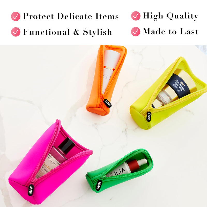 Neoprene Mini Makeup Pouch Set for Purse and Travel - 4 Small Travel Pouches for Delicate Bottles and Beauty Items - For Foundations, Serums, Perfumes and More (4 Pack - S, M, L, XL) The Brights Set
