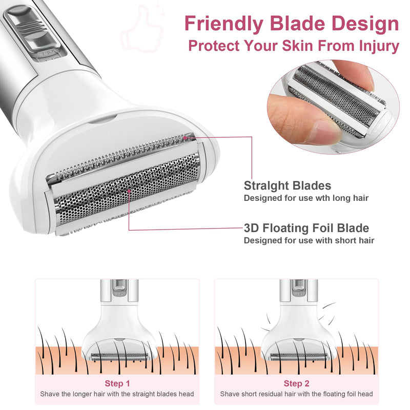 [Australia] - Electric Razor for Women Lady Shaver Hair Trimmer for Face Nose Eyebrow Beard Moustache Arm Leg Armpit Bikini Painless Rechargeable Portable 5 in 1 Lady Body Shavers Set Silver 