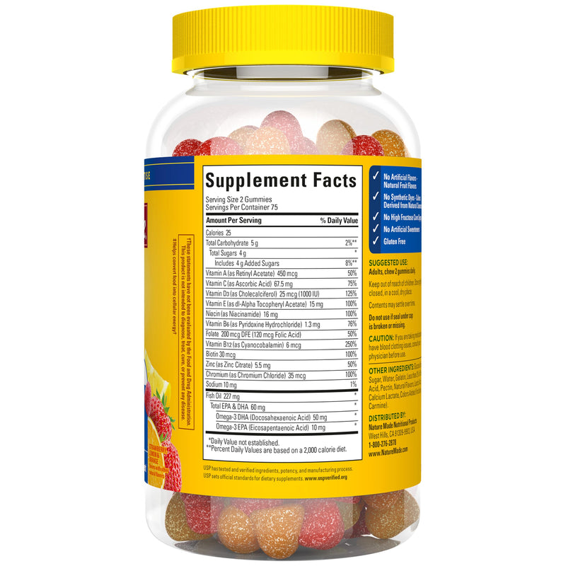 Nature Made Mens Multivitamin Gummies with Omega-3, 150 Count | Vitamins and Minerals Gummy with Omega-3, Mens Gummy Multivitamins for Daily Nutritional Support, 75 Day Supply Strawberry, Lemon & Orange 150 Count (Pack of 1)