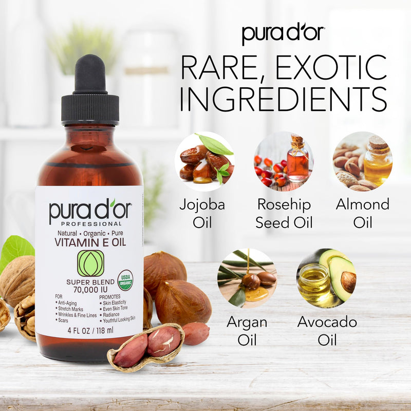 [Australia] - PURA D'OR 4 Oz ORGANIC Vitamin E Oil Blend 70,000 IU - 100% Natural Hexane Free, Sweet Almond, Apricot, Jojoba, Argan, Rosehip, Sunflower & Avocado Bath Oil For Scars, Skin, Face & Full Body 
