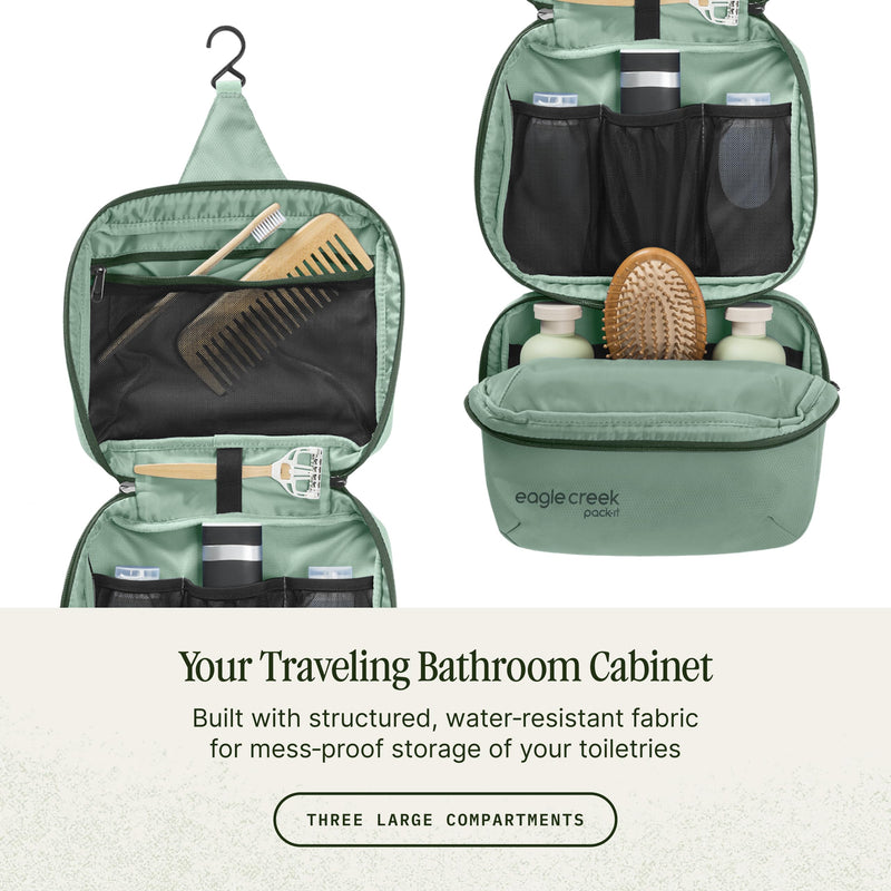 Eagle Creek Pack-It Trifold Toiletry Kit, Willow Green | Dopp Kit Toiletry Organizer with Padded Interior, Durable Hanging Hook and Large Compartments, Water-Resistant and Washable