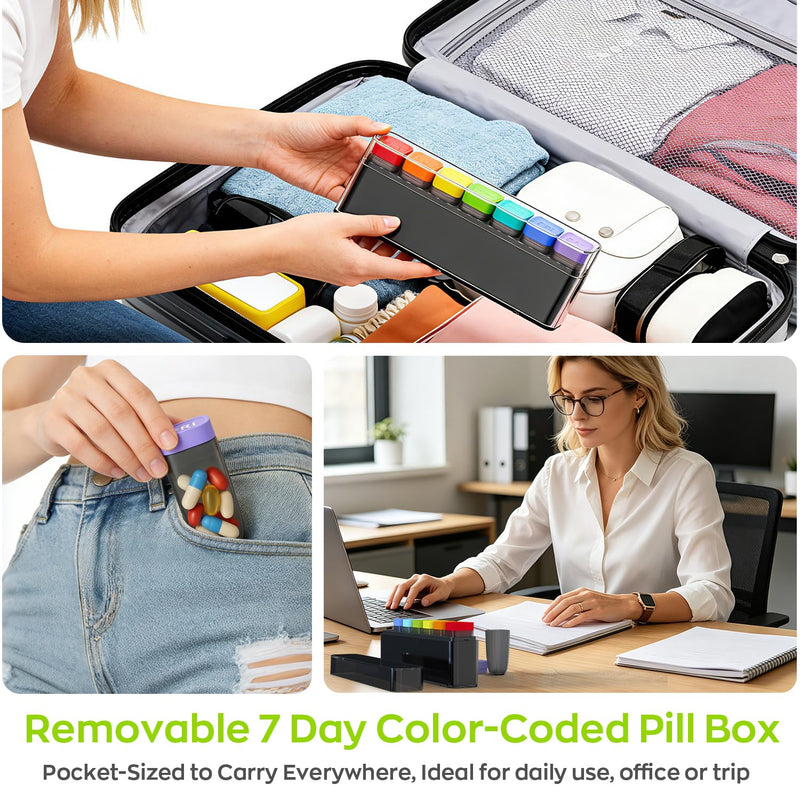 HIONXMGA Weekly Pill Organizer, Detachable 7-Color Pill Box, Easy Tracking | Portable Travel Pill Case Container for Daily Vitamin Supplement Fish Oil, Silicone-Seal, Lasting Labels, Quick Fill (Clear) Clear (Random Rainbow)