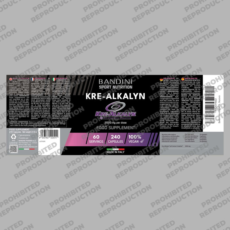 Bandini® Kre-Alkalyn® 240 Capsules (2 Months) - Buffered Alkaline Creatine - Training, Sport, Gym & Pre Workout - 100% Vegan - Kre Alkalyn Based on buffered Creatine Monohydrate - Produced in Italy