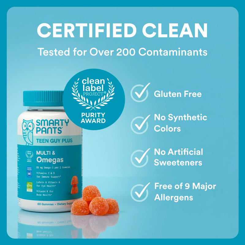 SmartyPants Teen Guy Plus Multi & Omegas Multivitamin Gummies with Omega 3 DHA/EPA, Vitamins D3, C, B12, B6, A, K, Zinc, Folate, Gluten Free, Clean Label, Pineapple Orange, 60 Gummies (30 Day Supply) 1 Count (Pack of 1) Multi + Omega
