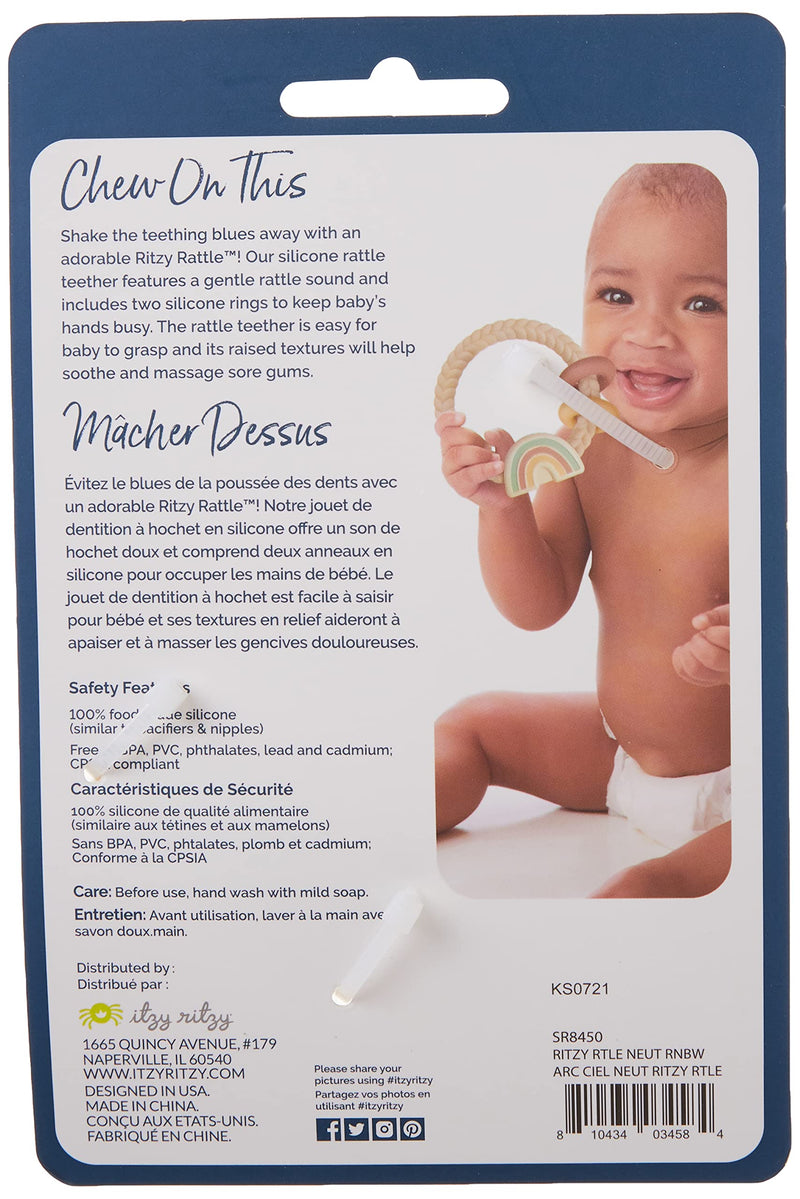 [Australia] - Itzy Ritzy Silicone Teether with Rattle; Rattle Teether Features Rattle Sound, Two Silicone Teething Rings and Raised Texture to Soothe Gums; Ages 3 Months and Up (Neutral Rainbow) Neutral Rainbow 