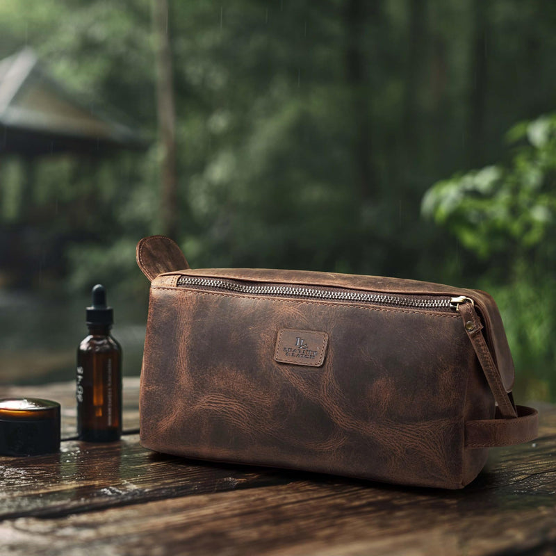 Full Grain Leather Toiletry Bag for Men & Women – Water-Resistant Travel Shaving Kit Organizer with YKK Zipper, Spacious Bathroom Grooming & Cosmetic Storage Case - Walnut Brown Distressed Brown