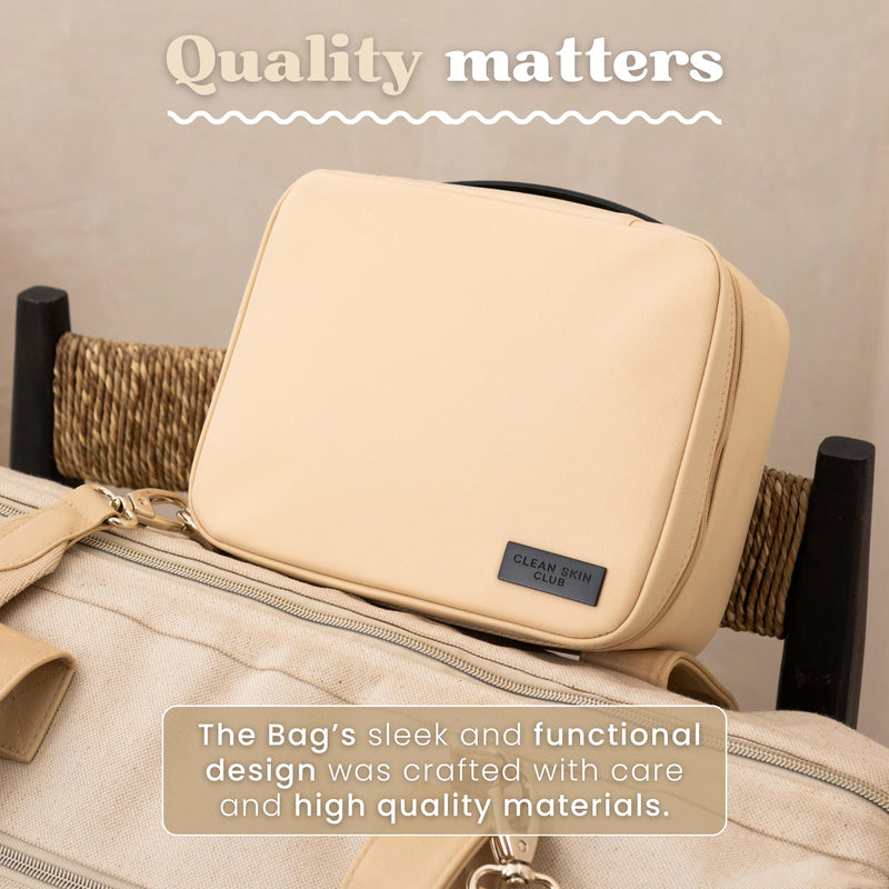 CLEAN SKIN CLUB Clean Towels XL Dedicated Travel Cosmetic Makeup Bag, Portable Large Capacity Beauty Toiletry Water Resistant Organizer Case with Dividers, Zipped Compartments Sand