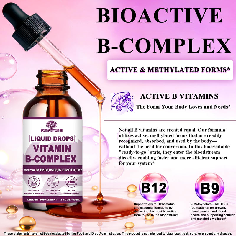 Vitamin B Complex for Women Men, Methylated B Complex Vitamins Liquid, 2Oz | Super B Complex - B12 Methylcobalamin | B9 Folic | Vitamin C, B12 B6 B1 Niacin, Support Brain, Heart & Immune Health, Vegan