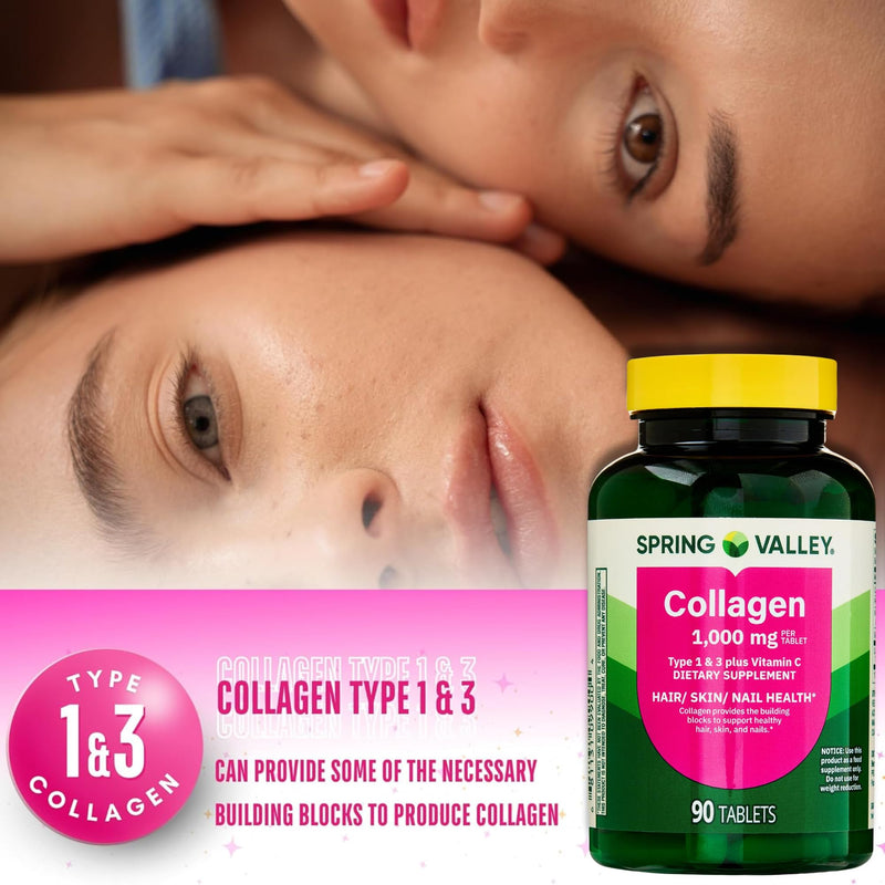 Collagen Type 1 & 3 Plus Vitamin C Hair Skin Nails Health Dietary Supplement Tablets, 1,000 mg, 90 Count by Spring Valley (Pack of 1)