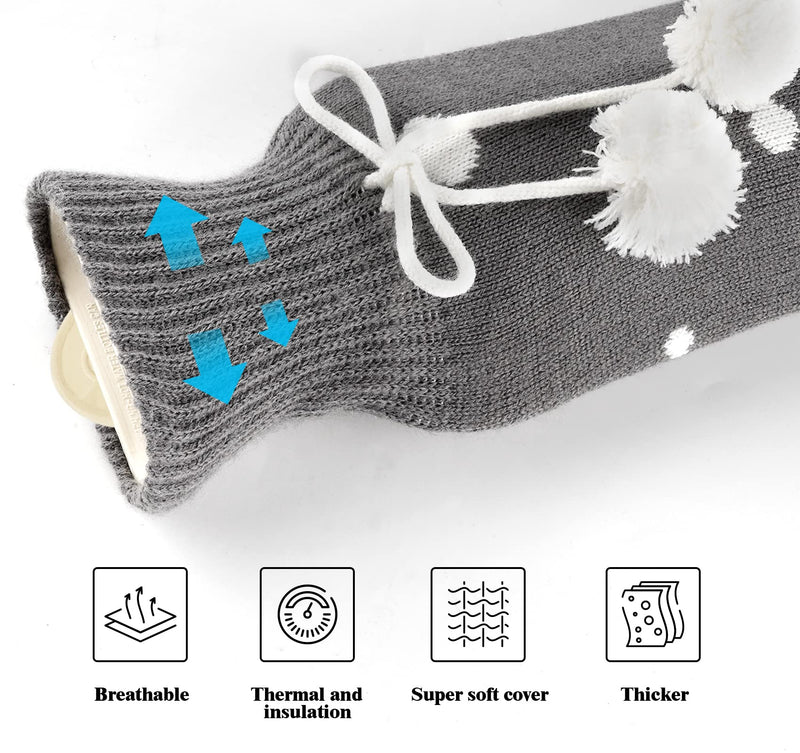 [Australia] - 73 cm hot water bottle hose long with knitted cover, hot water bottle 2 L with folding funnel, portable and washable knitted bottle cover hot water bottle for muscle pain, menstrual cramps (white/grey) white spot on grey 