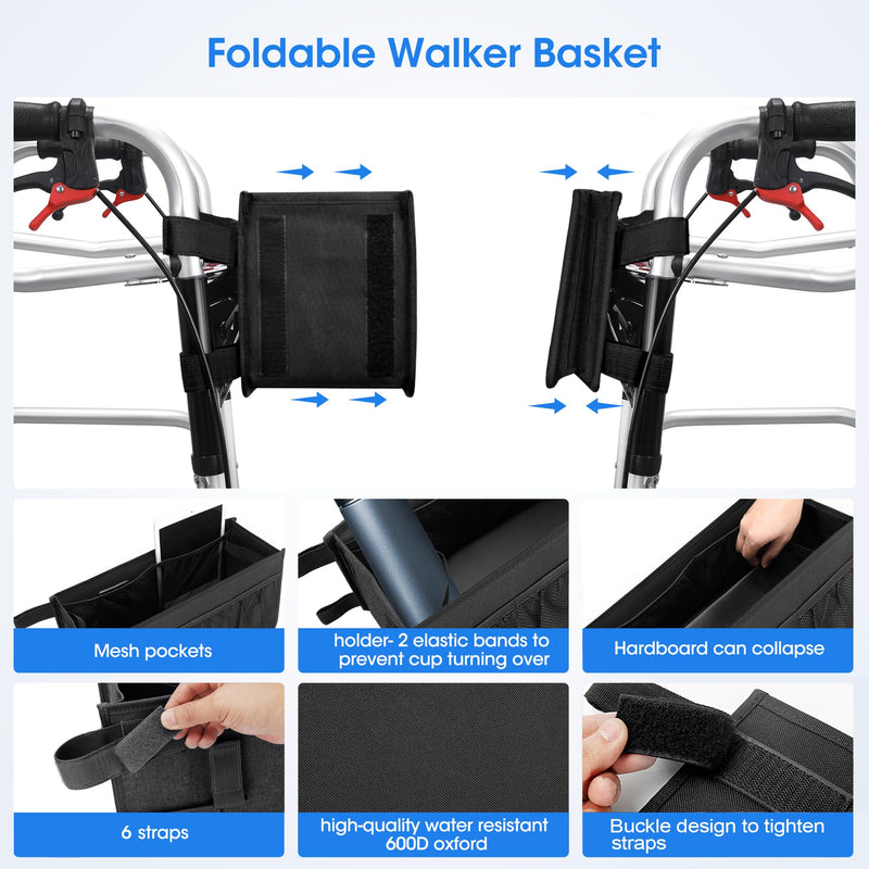 [Australia] - Upgrade Dotday Walker Basket Walker Bag Water Cup Holder, Foldable Walker Storage Bag with Big Capacity & Never Tipping Over, Best Gift for Family - Black (Not Fit Rollator Walkers) 