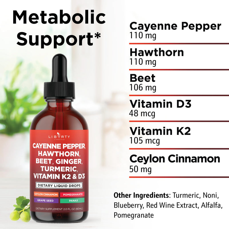[Australia] - Cayenne Pepper Supplement Liquid Drops + Hawthorn Berry, Vitamin D3 K2 Beet Root Powder, Ceylon Cinnamon, Turmeric Curcumin, Organic Panax Ginseng - 4oz 2 Fl Oz (Pack of 2) 