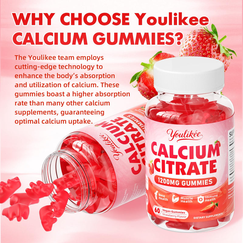 2 Pack Calcium Citrate Gummies 1200 mg, Calcium Supplement for Women & Men | Ultimate Absorption Calcium Gummies for Muscle & Immune Support, Strawberry Flavor, 120 Count 60 Count (Pack of 2)