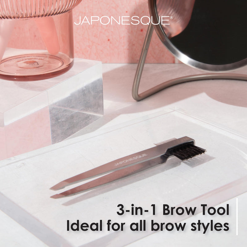 JAPONESQUE Premium Brow Shaper 3-IN-1 Tool Features a Slant Tweezer, Brow Brush & Lash Comb. Precision Crafted, Hand Sharpened Tips for Shaping & Defining Brows