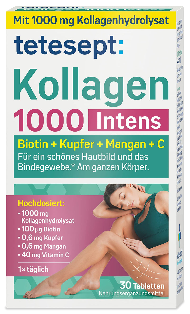 [Australia] - tetesept Collagen 1000 Intens - dietary supplement with collagen, vitamin C, biotin, copper & manganese - for connective tissue and a beautiful complexion - 1 x 30 tablets 30 pieces (pack of 1) Collagen 1,000 Intens 