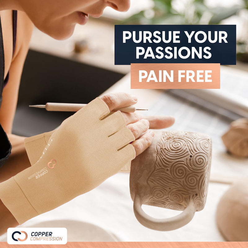 Copper Compression Arthritis Gloves | Fingerless Arthritis Carpal Tunnel Pain Relief for Men & Women | Hand Support Wrist Brace for Neuropathy, Rheumatoid, Tendonitis, Swelling, Crocheting Nude (M) Medium (1 Pair)