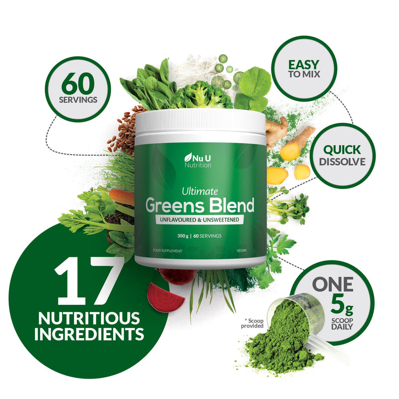 Nu U Nutrition - Greens Powder 300g - 17 Superfood Ingredients - 60 Servings - Unflavoured, Unsweetened - Ultimate Greens Blend with Maca, Beetroot & Inulin - 100% Vegan - Made in the UK