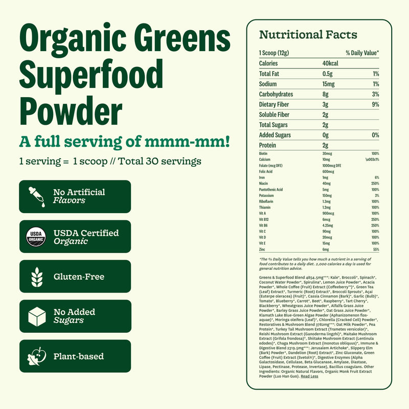 [Australia] - Suja Organic Greens Powder Probiotic Blend, Spirulina, Daily Superfood Drink or Smoothie Mix for Immune Support, Digestion, & Energy, Vegan, Gluten Free, Non GMO, 30 Servings 12.7 Ounce (Pack of 1) 