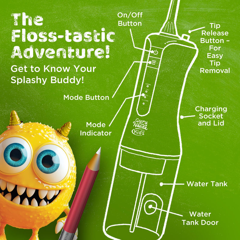 [Australia] - GuruNanda Kids Water Dental Flosser - 4 Flossing Modes, 4 Nozzles, 2-Min Smart Timer, Ages 6+, Monster Frens Theme, Portable Oral Care for Kids 