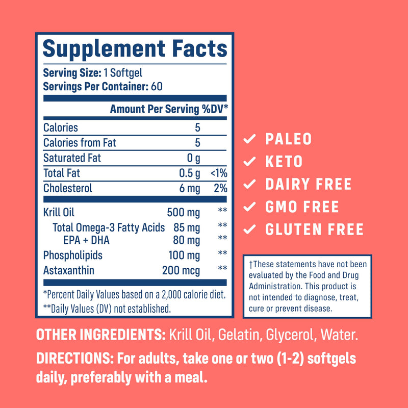 [Australia] - NativePath Antarctic Krill Oil - Wild-Caught Omega 3 Krill Oil 500mg Softgels with EPA, DHA and Astaxanthin - Omega 3 Supplement for Joint, Heart, Brain and Immunity - 60 ct - No Fishy Aftertaste 60 Count (Pack of 1) 