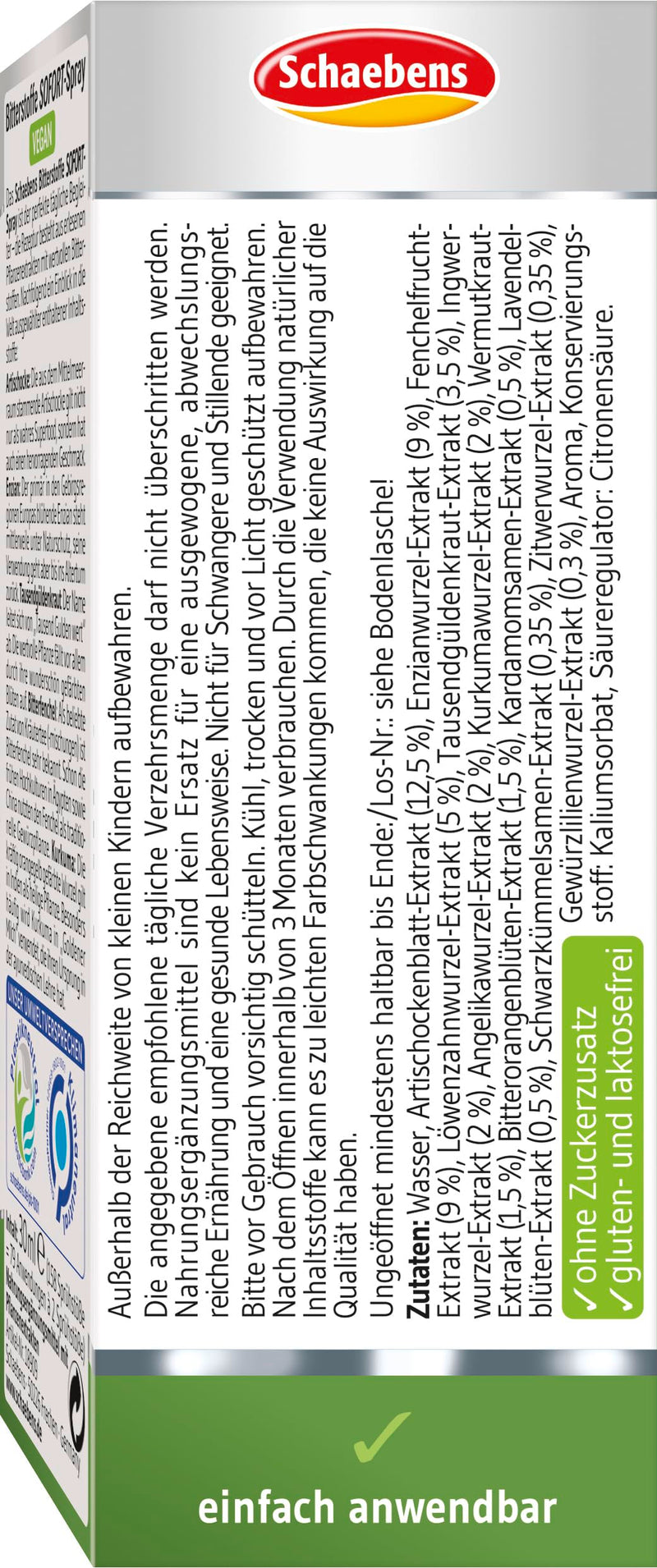 [Australia] - Schaebens bitter substances IMMEDIATE spray 15-fold plant power for stomach and intestinal function - mild (alcohol-free) 30 ml 