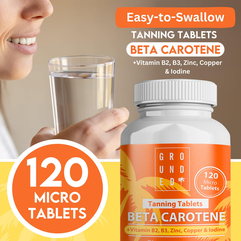 Grounded Beta Carotene Tanning Tablets | 120 Tablets, 4 Month Supply | with Zinc, Vitamin A, B2, B3, Copper & Iodine | High Strength Antioxidant Support | Vegan-Friendly & Made in the UK 120 count (Pack of 1)
